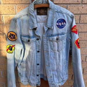 Zara Blue Denim Jacket with Leather Patch